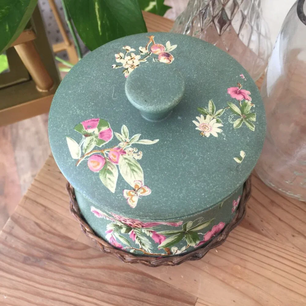 Green w/ Pink Flowers Ceramic & wicker Cookie Jar / Canister w/ Lid Vintage